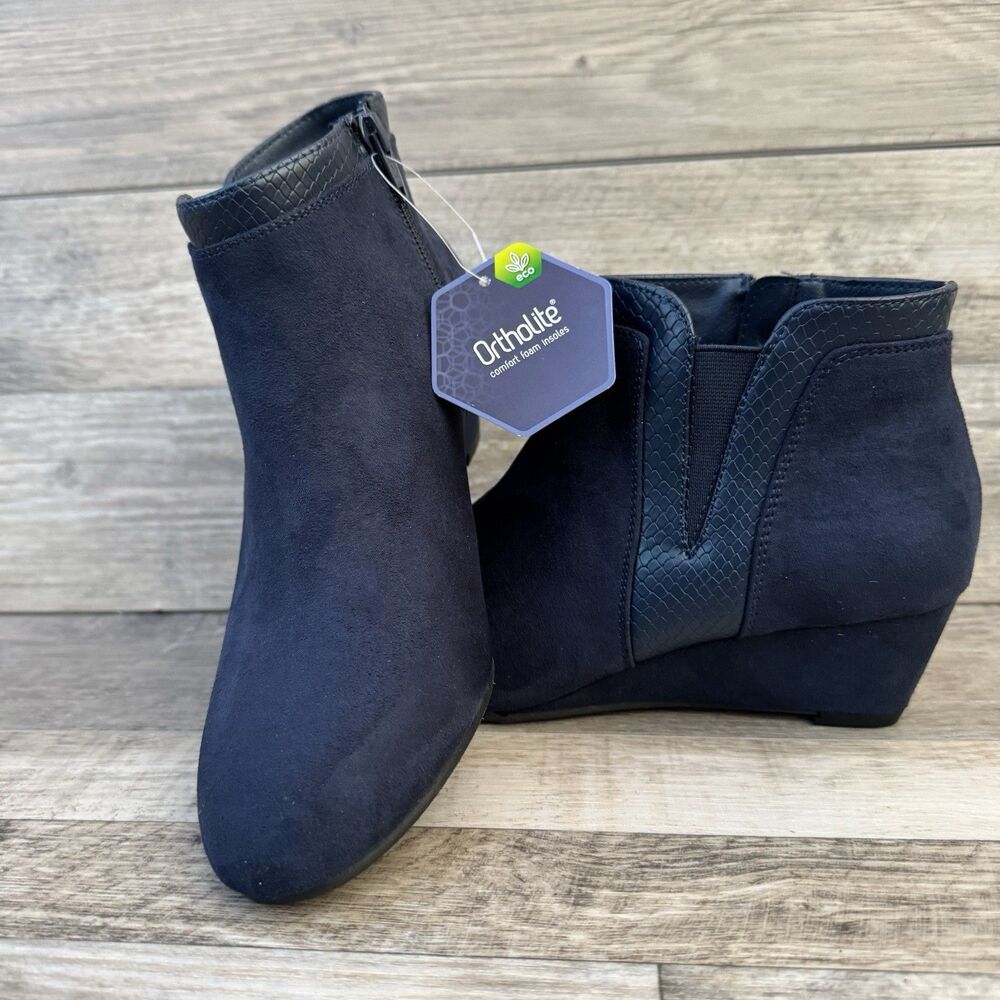 Croft & Barrow Boots Womens 7.5 Ocelote Ankle Ortholite Booties Blue Suede Wedge